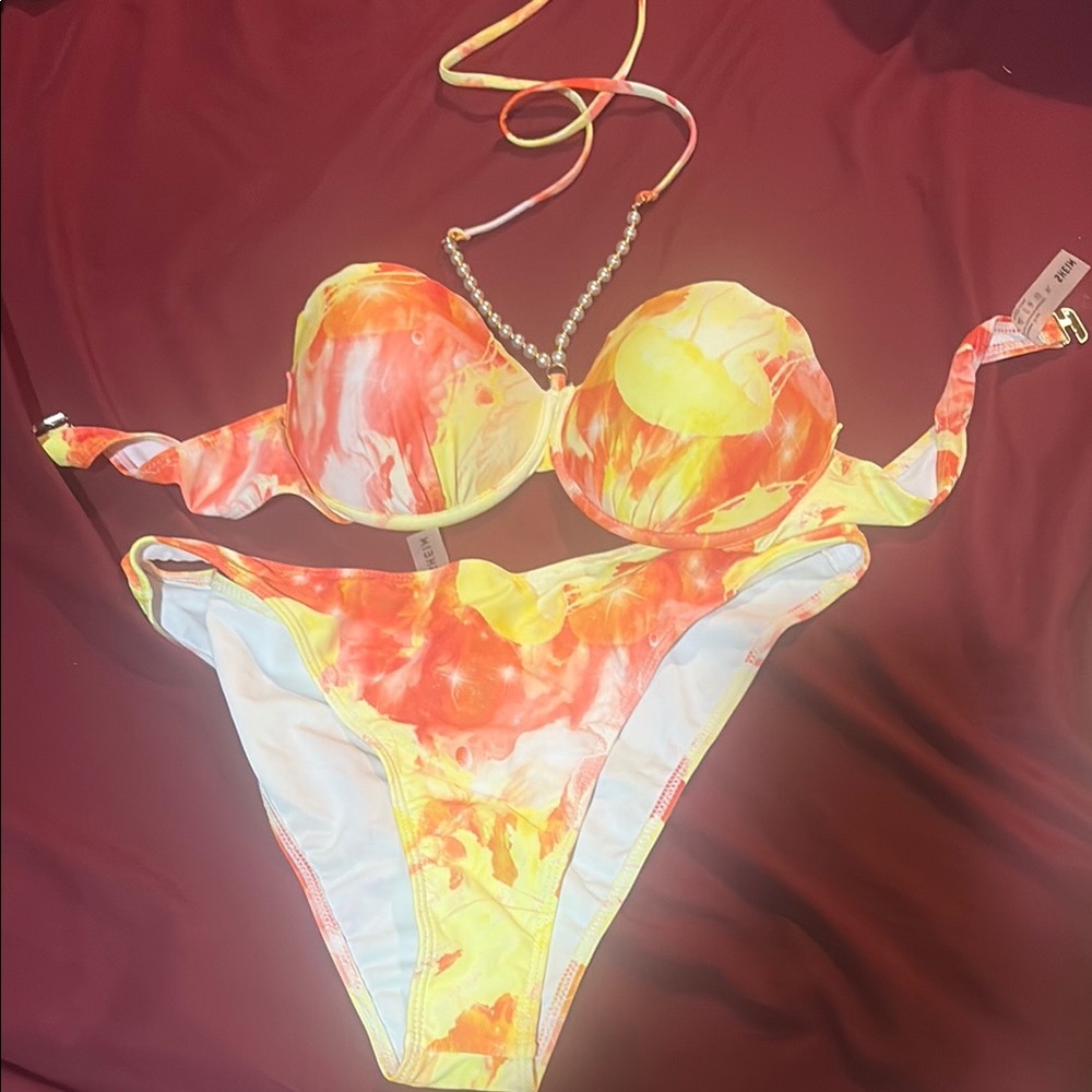 Yellow & Orange Marble Print Push-Up Bikini Set